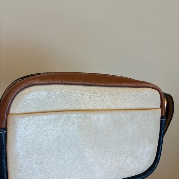 Tory Burch Perry Bombe Pebbled Leather Mini Crossbody Cream Navy Double strap - Picture 10 of 15